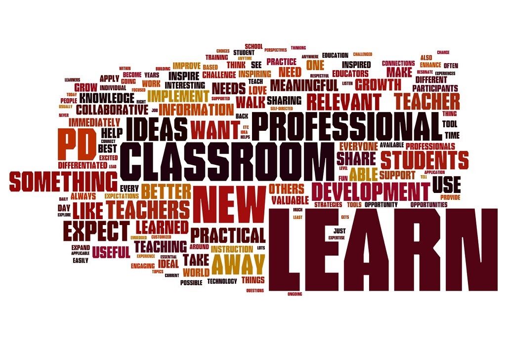 A word cloud of professional development for students including the words learn, classroom, new, ideas, relevant and growth 