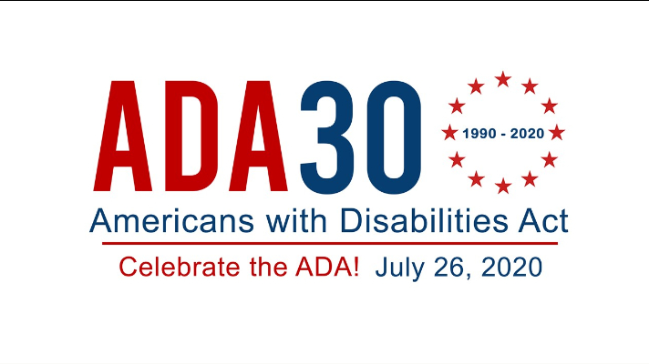 Red and blue graphic that says celebrate the ADA 1990-2020! 