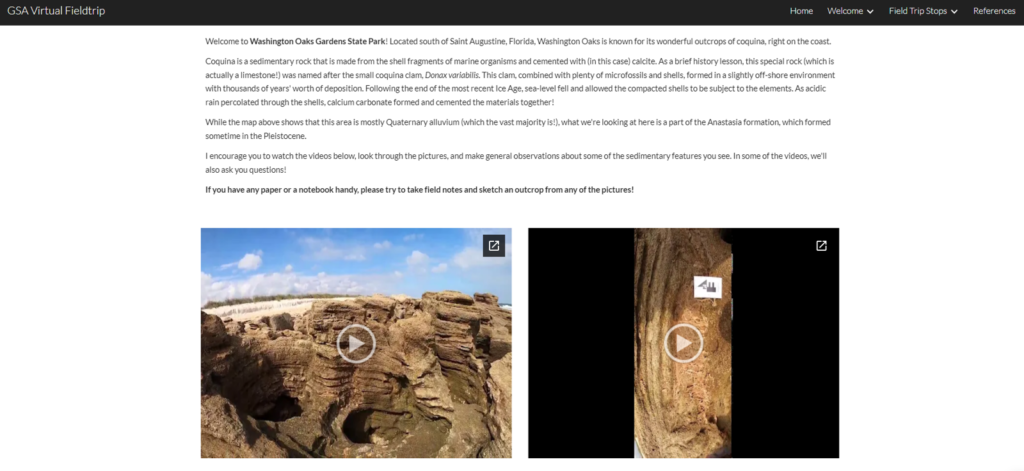 A screenshot of a virtual field trip site created with LIFT tech tools shows a stop description and embedded high resolution videos of the rock units.