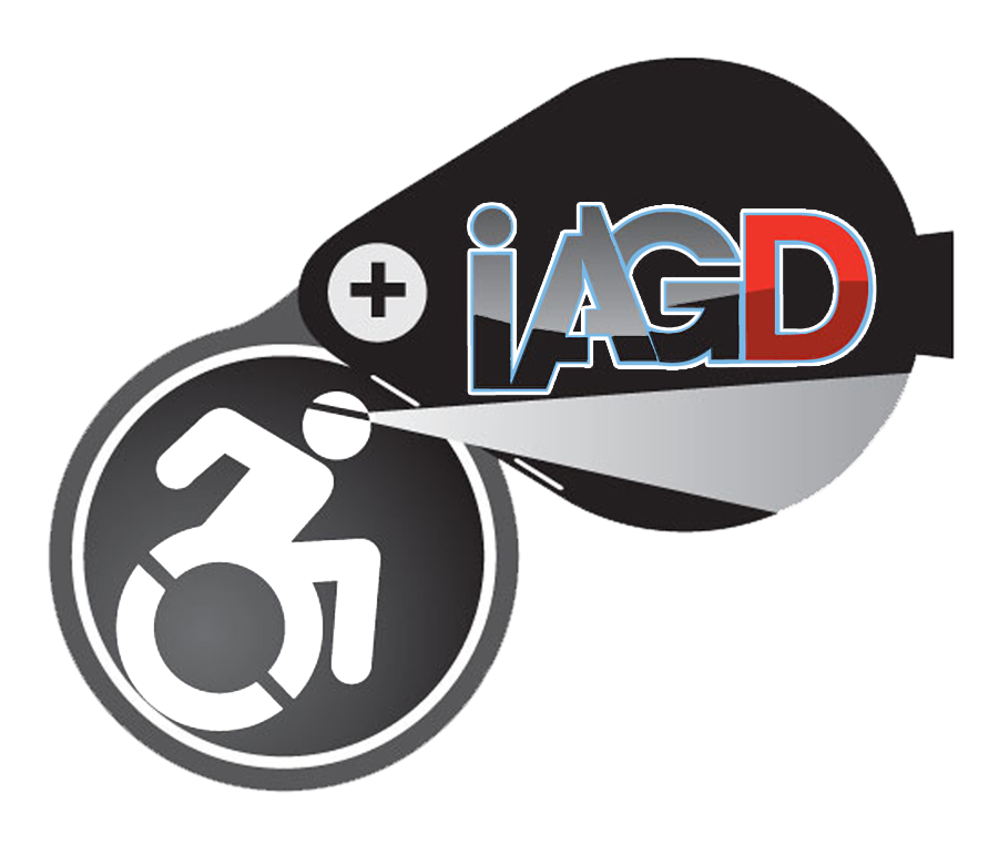 The logo of the IAGD depicts a wheelchair user in an active, forward leaning position with a headlamp lighting the way. The background is shaped like a loupe - a tool geologists use to magnify details.