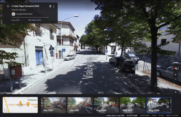 A video clip demonstrating the use of Google Street View. Photos from street level are shown, and a user navigates around the area and changes the orientation of the camera. By clicking a button, the perspective changes from imagery before the earthquake, to imagery after the earthquake, revealing the ensuing building damage.