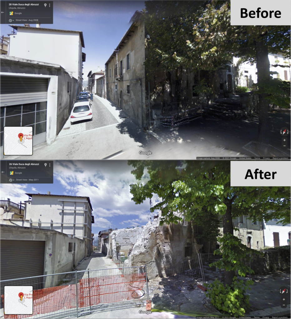 Two images from Google Street View showing a building in L'Aquila, Italy, before and after the 2009 earthquake. The top image shows the two-story building before the earthquake, with no damage. The bottom image shows the building after the earthquake. The roof and entire second floor have collapsed. Part of the first floor wall has also collapsed. The interior masonry in the broken walls is visible.