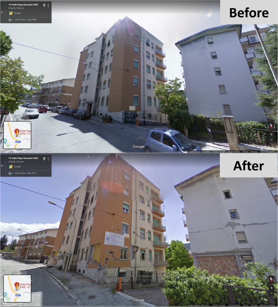Two images from Google Street View showing a building in L'Aquila, Italy, before and after the 2009 earthquake. The top image shows the six-story building before the earthquake, with no damage. The bottom image shows the building after the earthquake. Large cracks are visible on the walls of the first, second, and third floors. A part of the wall on the second floor has completely collapsed. Broken masonry and brickwork are scattered around, and several windows are broken.