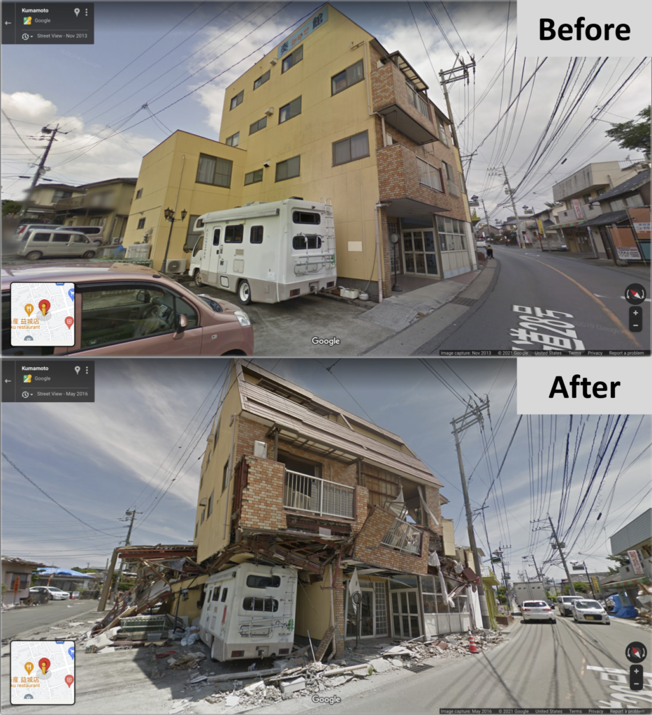 Two images from Google Street View showing a building in Kumamoto, Japan, before and after the 2016 earthquake. The top image shows the four-story building before the earthquake, with no damage. The bottom image shows the building after the earthquake. The walls of the second floor have collapsed, leading the upper floors to collapse onto the top of the first floor. Broken masonry and brickwork are scattered around, and several windows are broken