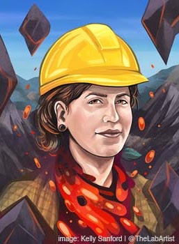 Colorful portrait of Lis Gallant, a woman with fair a complexion and dark red hair, wearing a yellow hard had and a bandana that looks like lava.